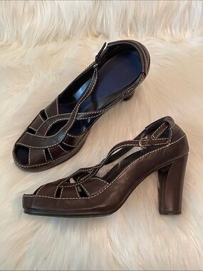 AEROSOLES - Dark Brown Leather Cutout Peep-Toe Heels with Ankle Strap -7